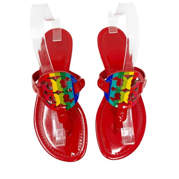 TORY BURCH Red Rainbow Patent Leather Miller Sandals Logo Medallion Size 7 - Picture 2 of 7